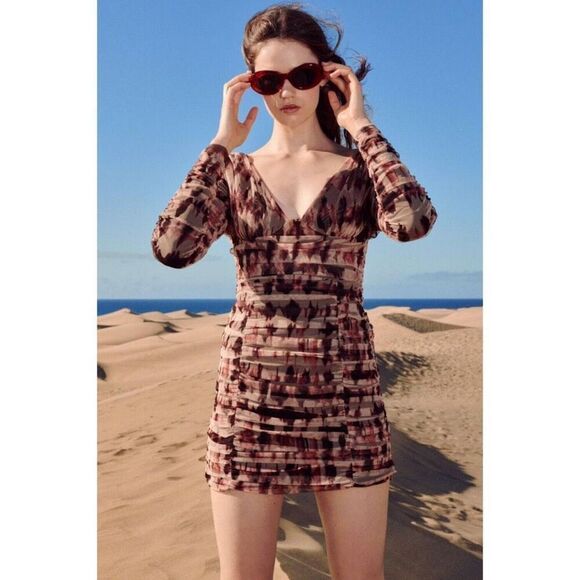 Zara Brown Draped Tulle Mini Dress Size M - Picture 2 of 14